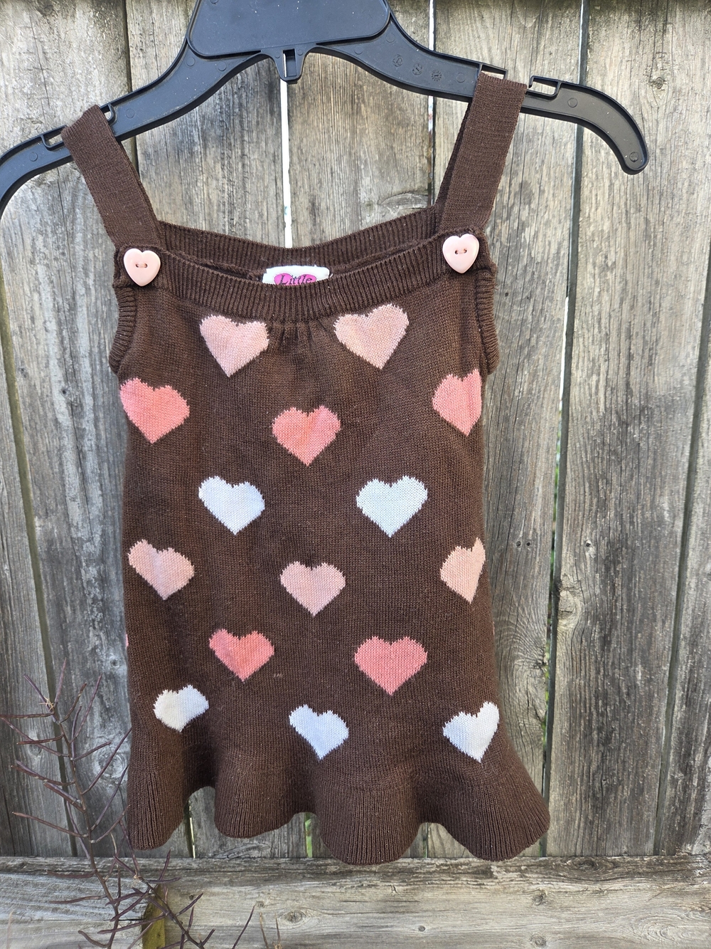Little Lass Brown Knit Heart Tank Dress with Pink and White Hearts